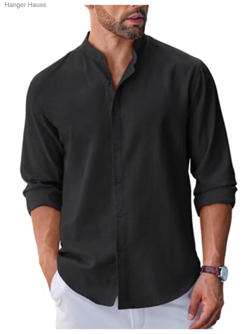 Men's Long Sleeve Band Collar Oxford Dress Shirt Casual Button Down Cotton Blend